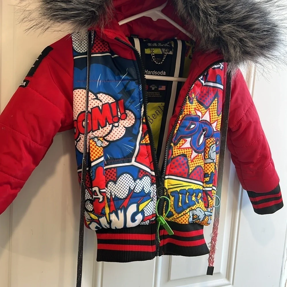 Hardsoda Limited Comic print hooded puffer jacket kids size 4